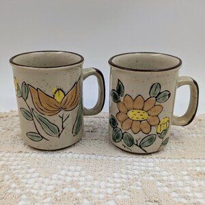 Pair of 1970s Otagiri Style Stoneware Earth Tone Floral Mugs